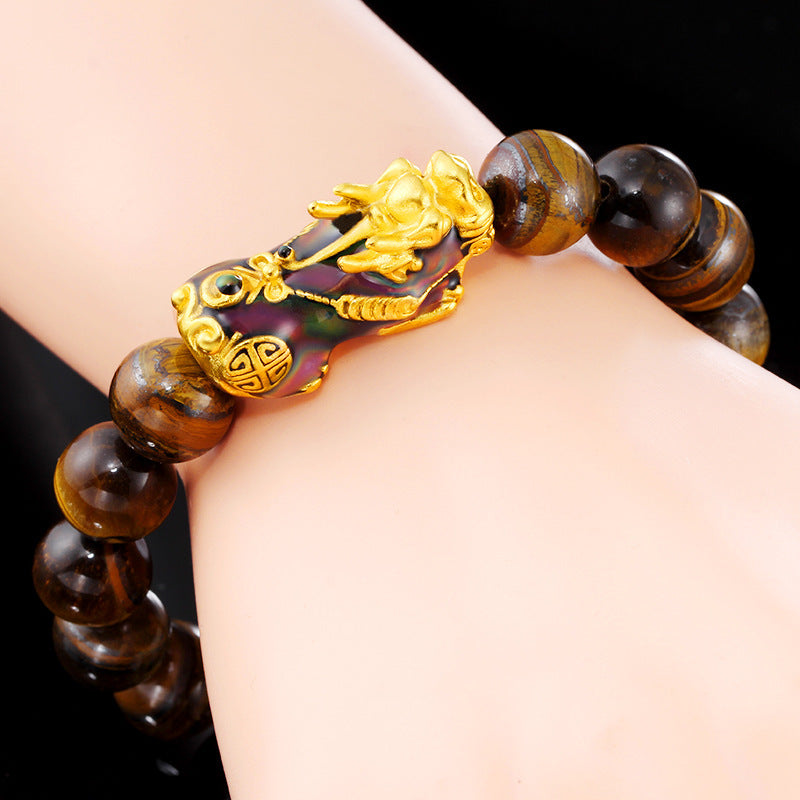 Pulseira Feng Shui Pixiu Olho de Tigre Areia Dourada
