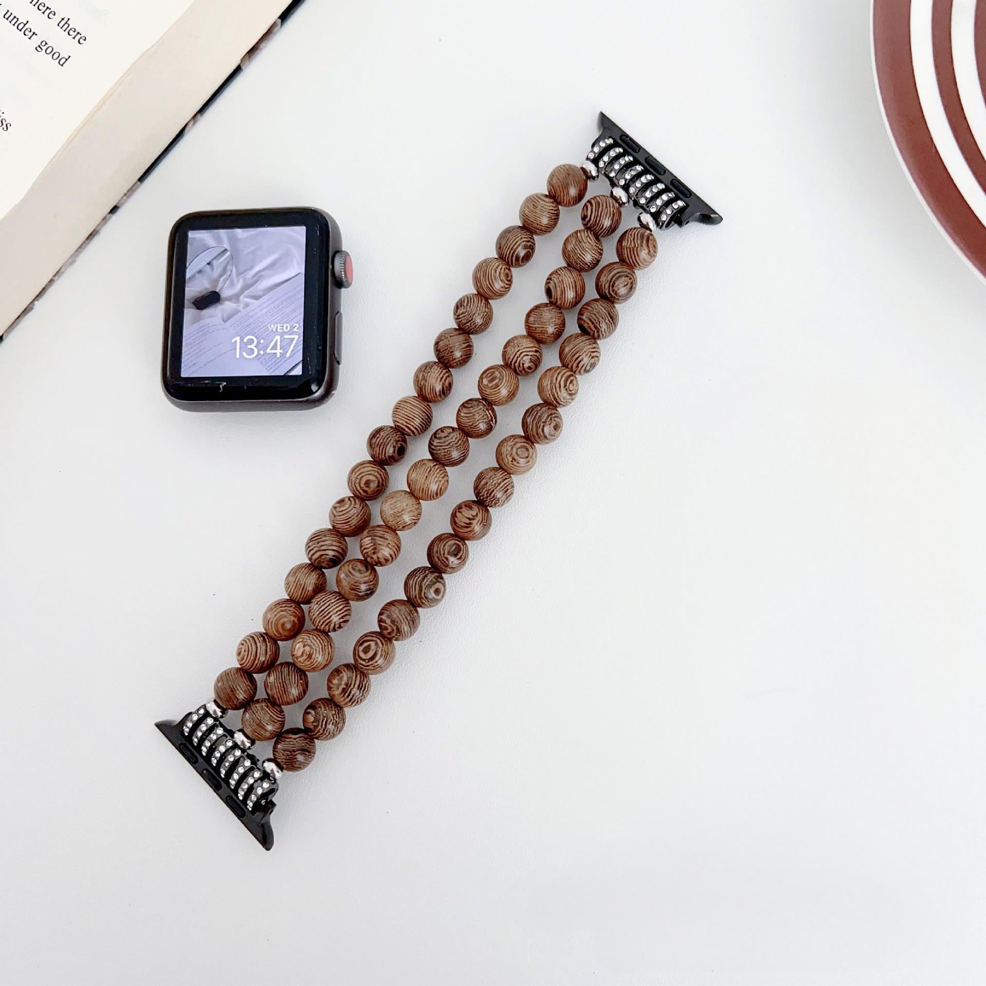 Pulseira para Apple Watch com contas de madeira castanha