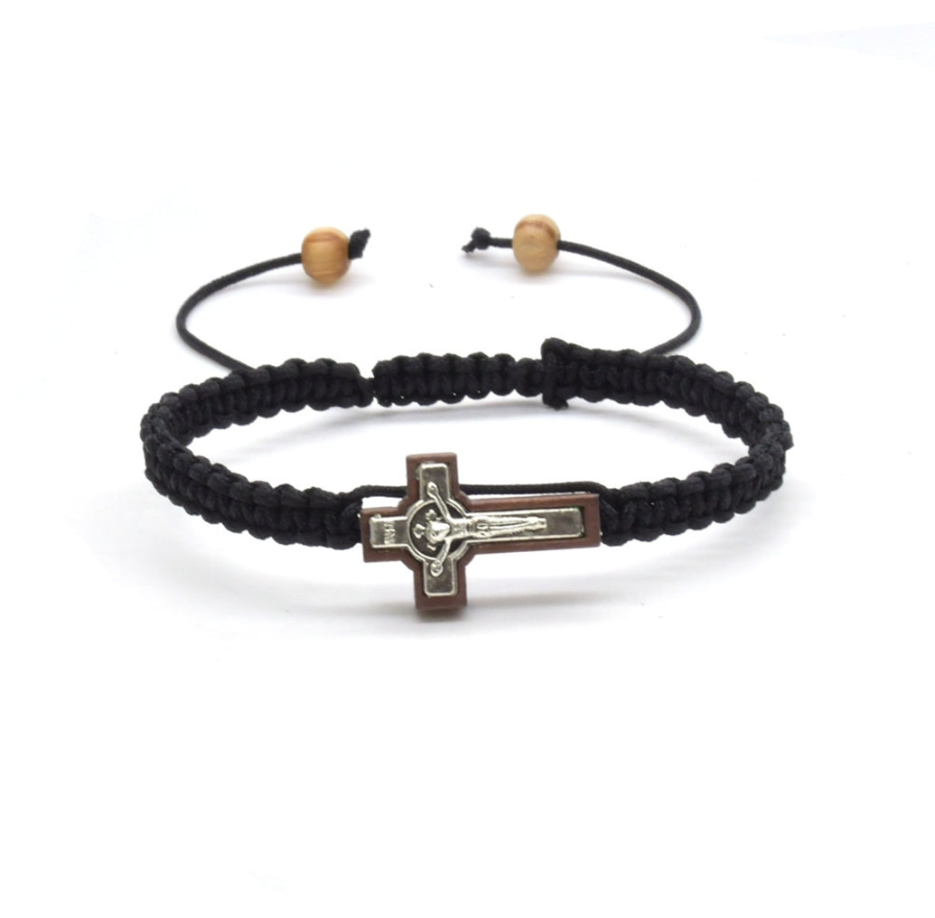 Pulseira de cordão preto com cruz e missangas