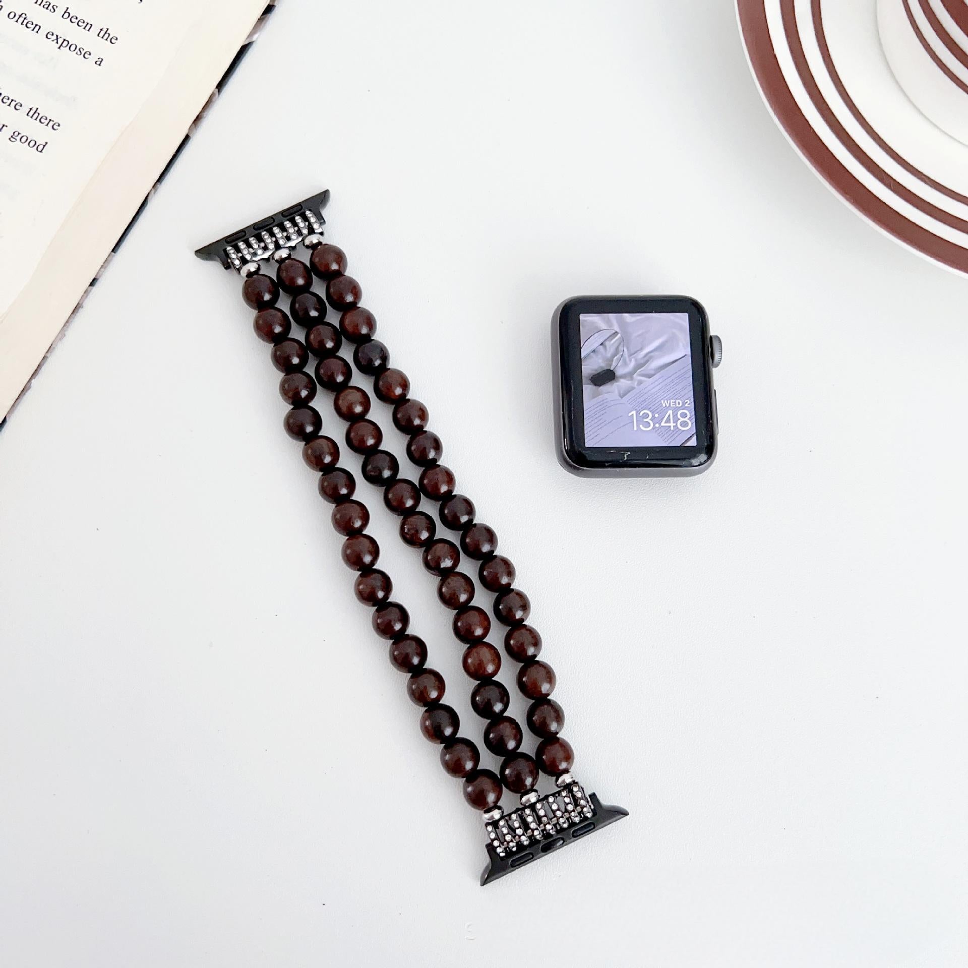 Pulseira para Apple Watch com contas de madeira preta
