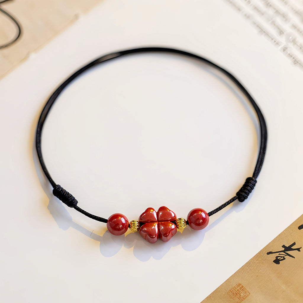 Cinnabar Clover Lucky Anklet Black String Bracelet