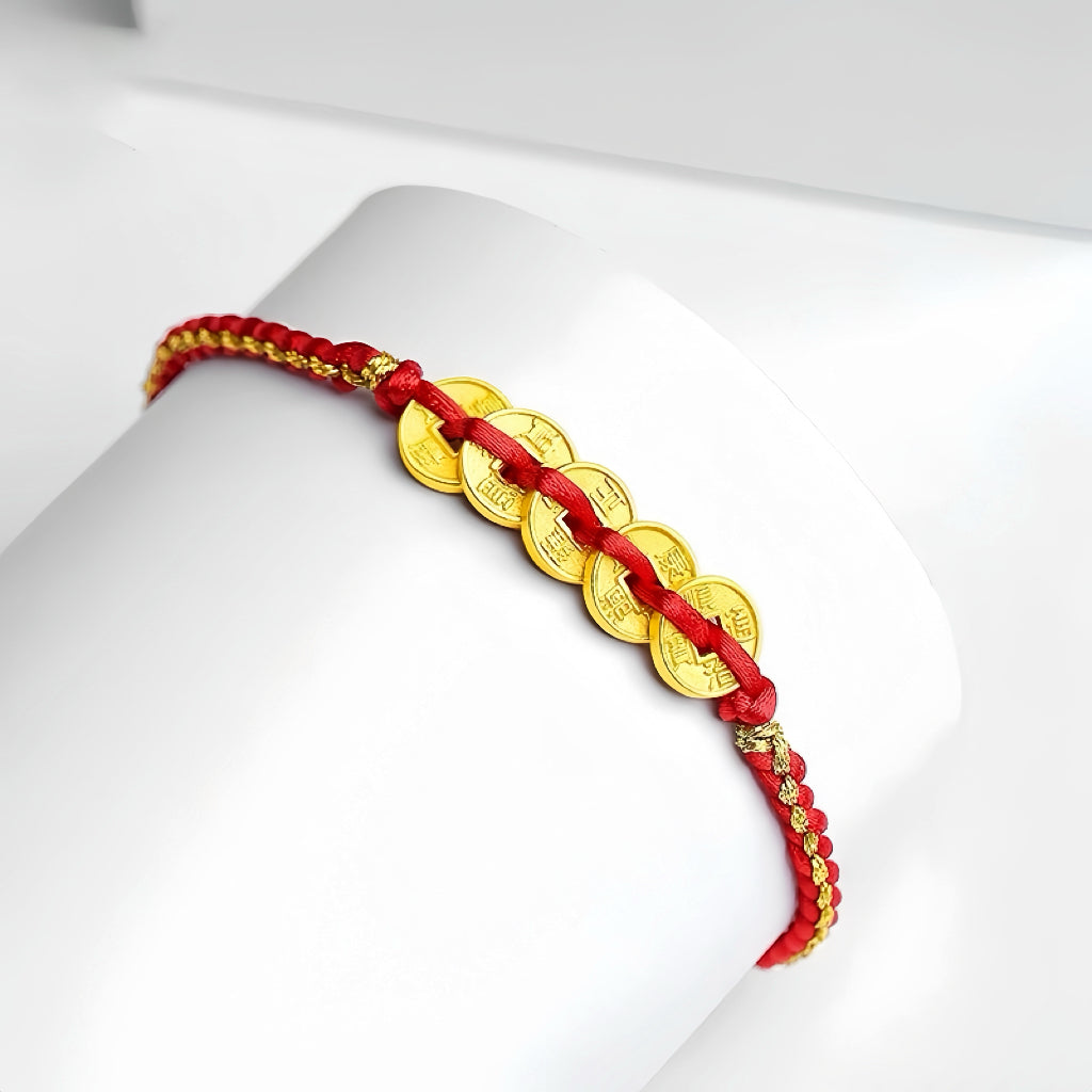 Braccialetto di corde rosso con five benedizioni d'oro anticato