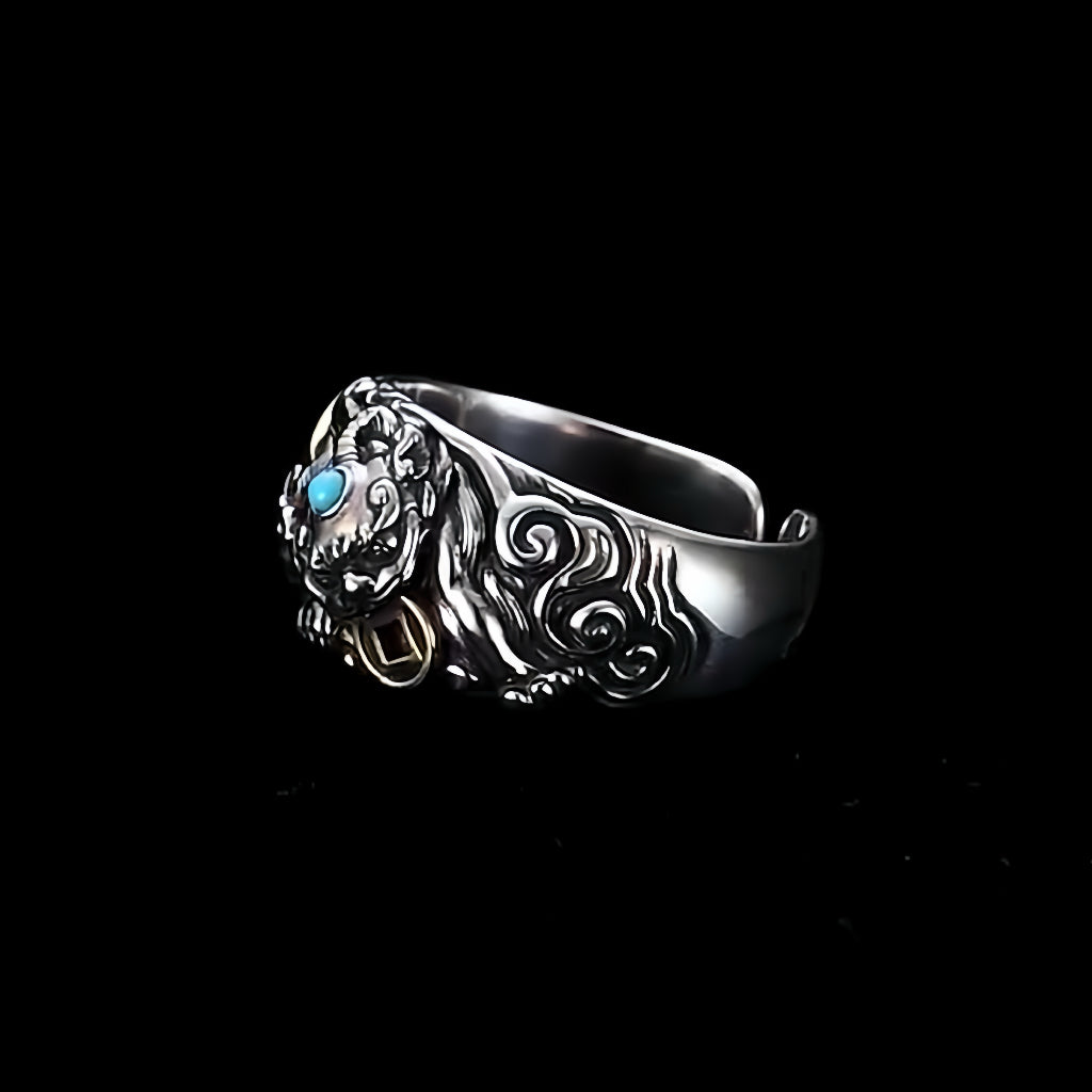 Blue & Gold Alchemy Thai Silver Feng Shui Pixiu Ring