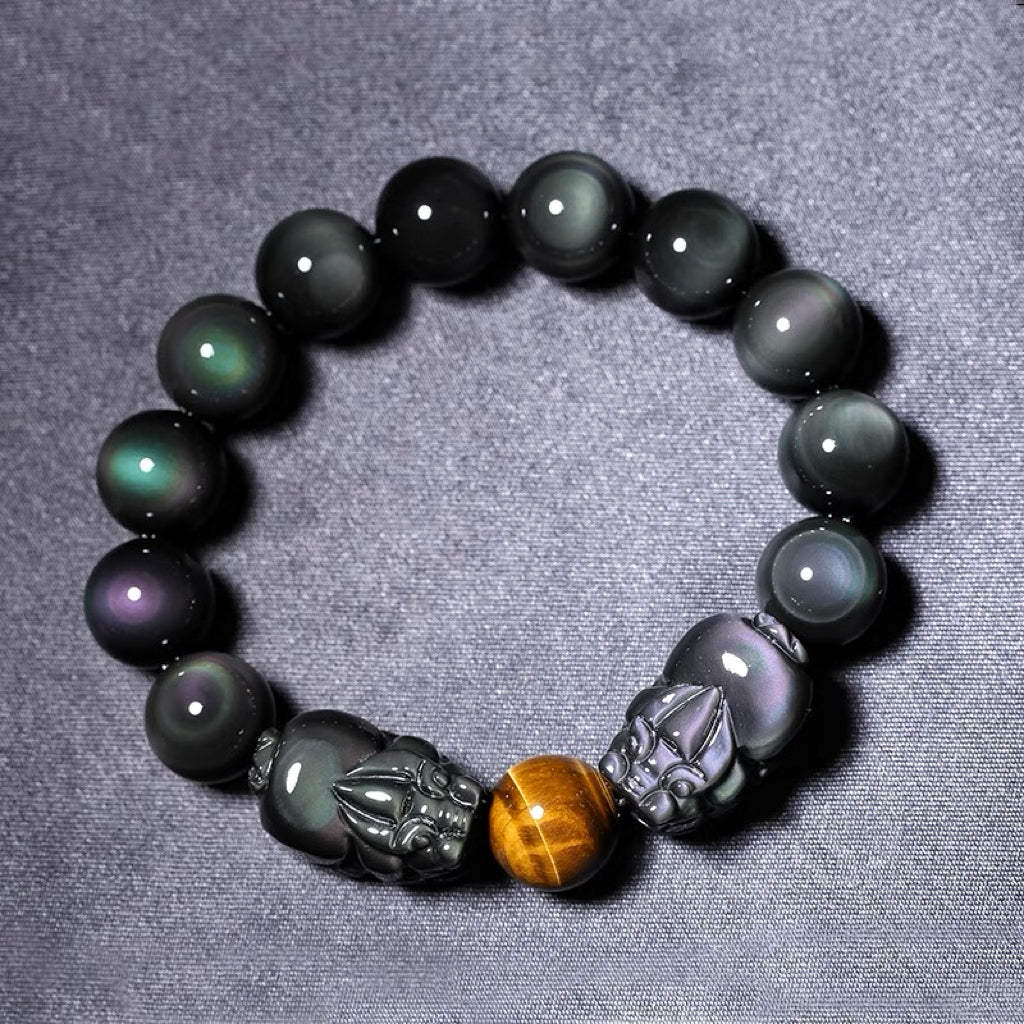 Mystic Rainbow Obsidian & Tiger's Eye Double Feng Shui Pixiu Charm Bracelet