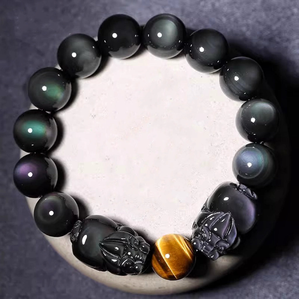 Mystic Rainbow Obsidian y Tiger's Eye Double Feng Shui Pixiu Charm Pulsera