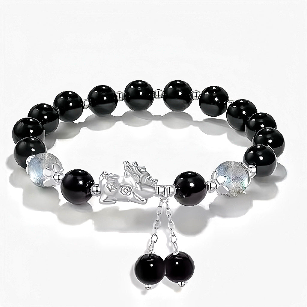 Moonstone and Obsidian 999 Silver Feng Shui Pixiu Pulsera
