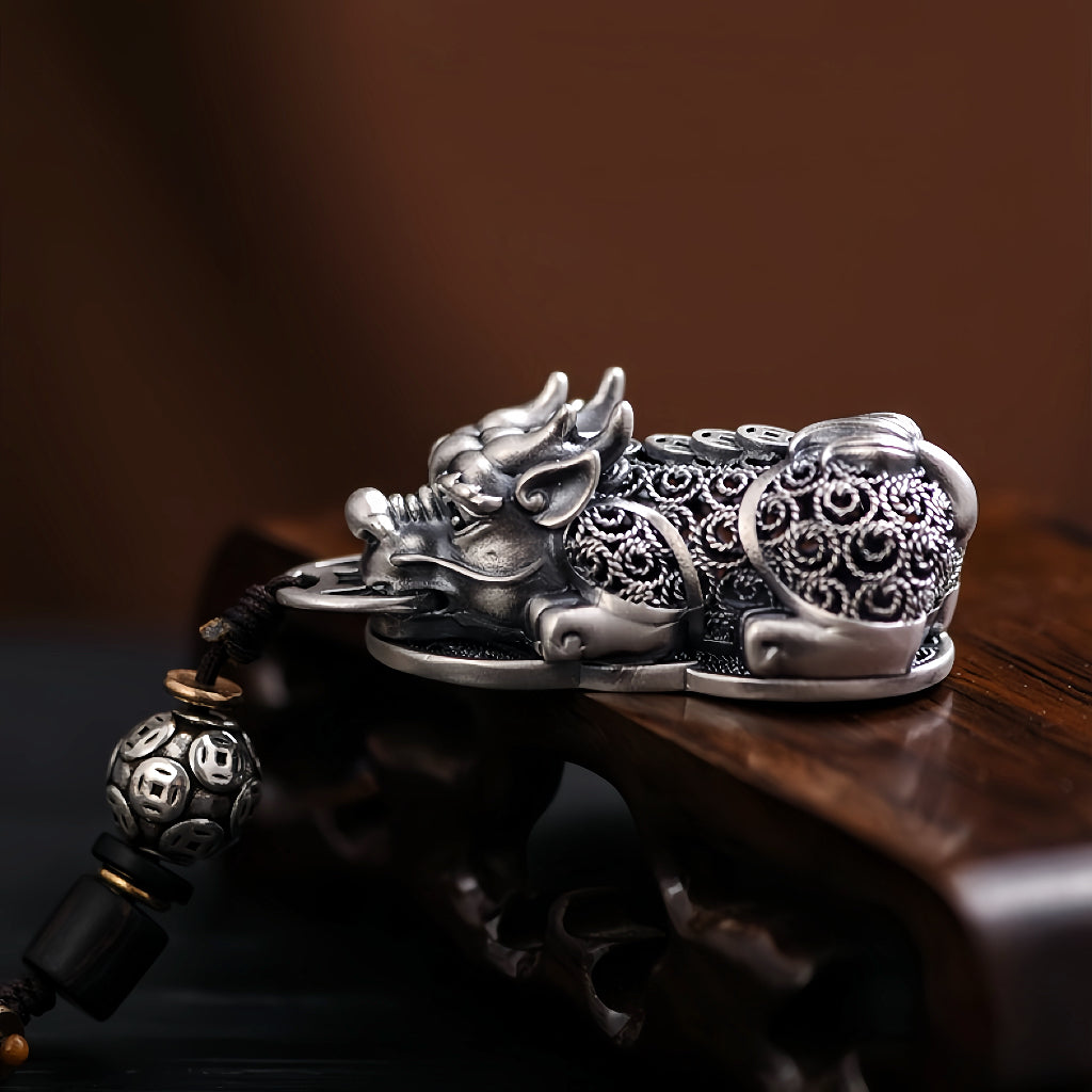 Hollow Carved Silver Pixiu Keychain