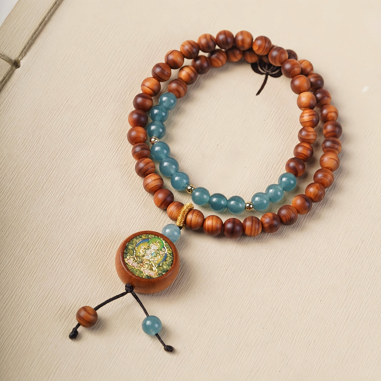 Pulseira de contas de oração Mala de cipreste com pátina Guanyin Cliff