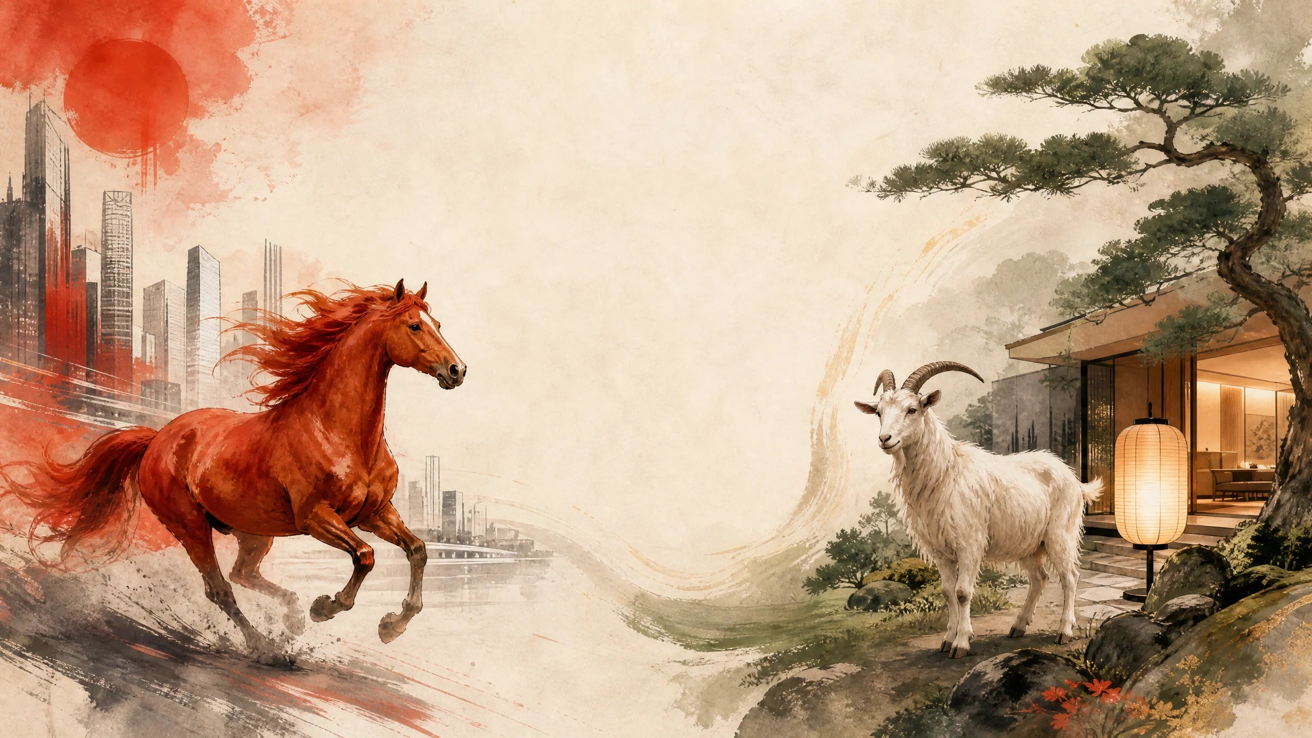 Oriental ink wash illustration of the transition from the 2026 Fire Horse year to the 2027 Fire Goat year