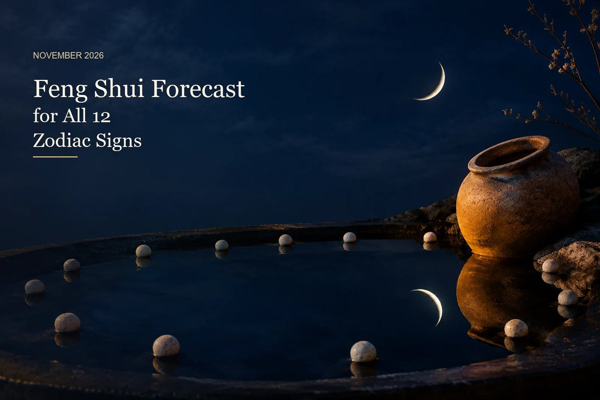November 2026 Feng Shui Forecast for All 12 Zodiac Signs, with moonlit water and an earthen vessel.