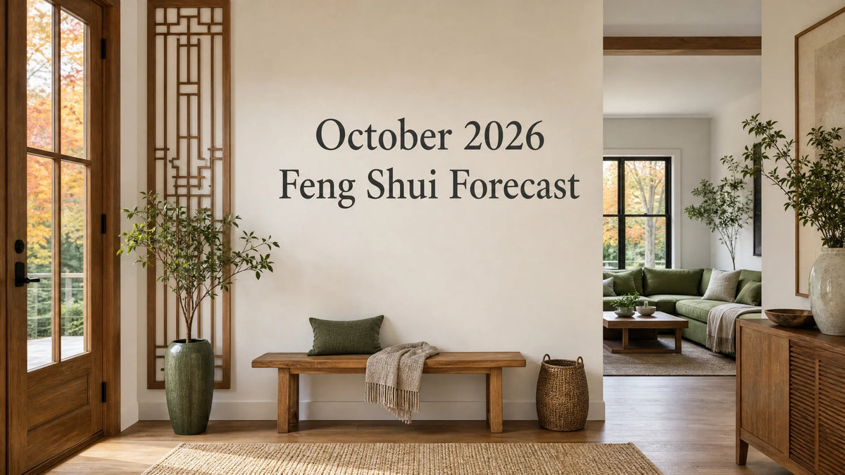 Cover titled “October 2026 Feng Shui Forecast” with centered lettering over a welcoming autumn home interior.