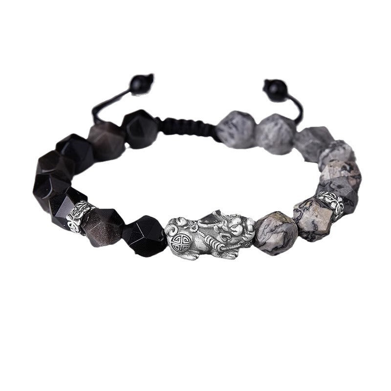 Faceted Obsidian & Map Stone 999 Silver Feng Shui Pixiu Bracelet