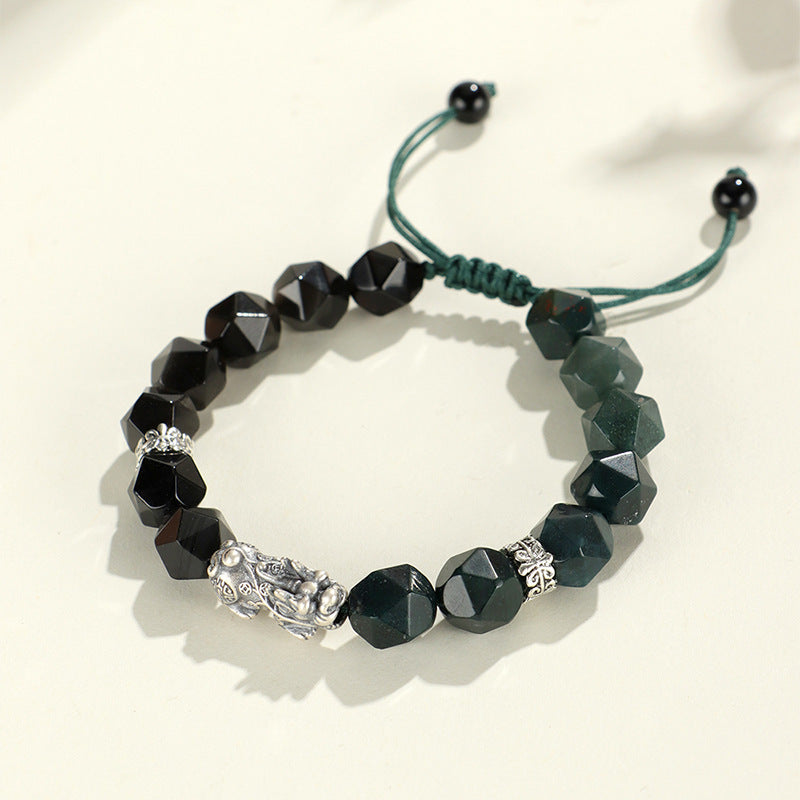 Faceted Obsidian & Moss Agate 999 Silver Feng Shui Pixiu Bracelet