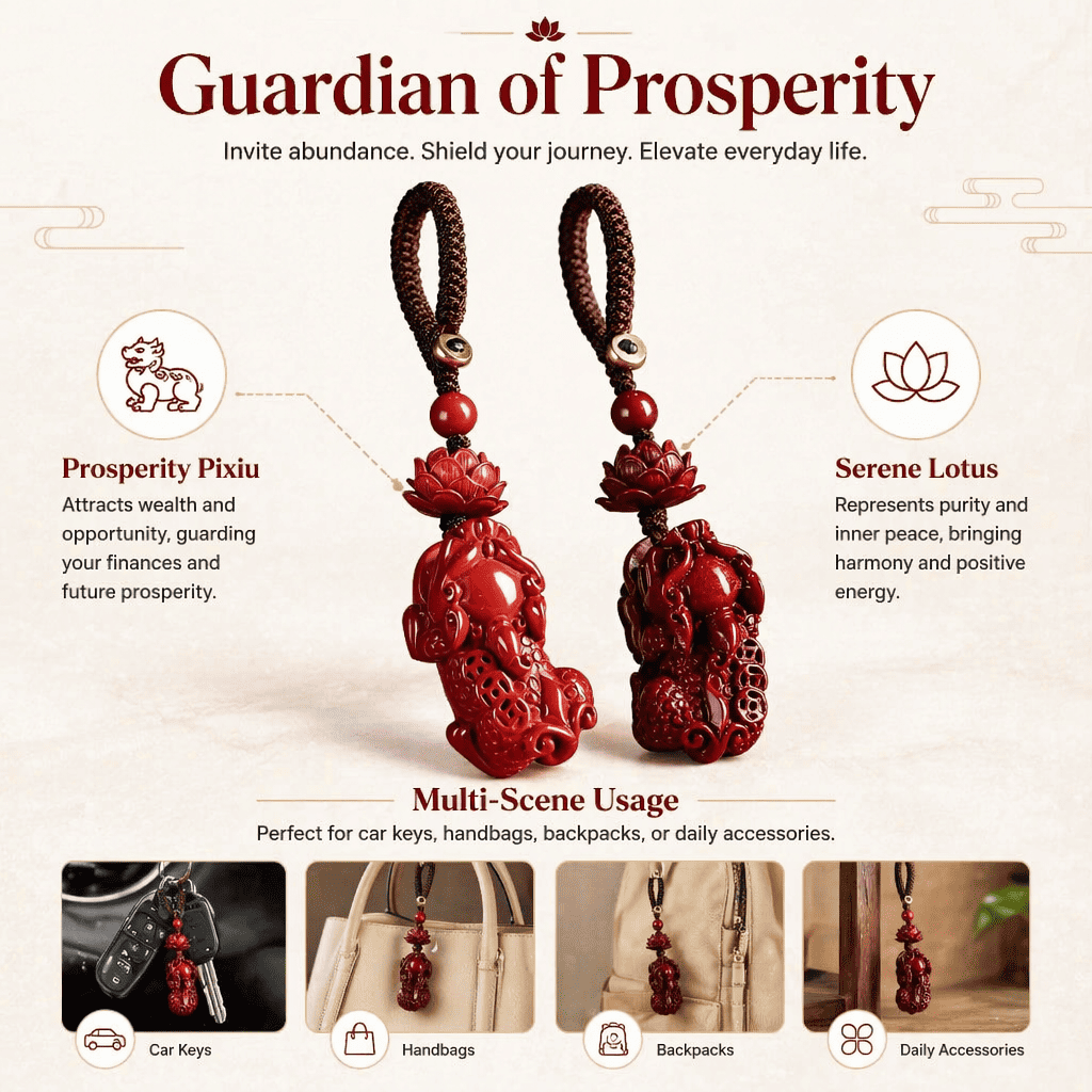 Wealth & Purity Cinnabar Feng Shui Pixiu Lotus Keychain Set