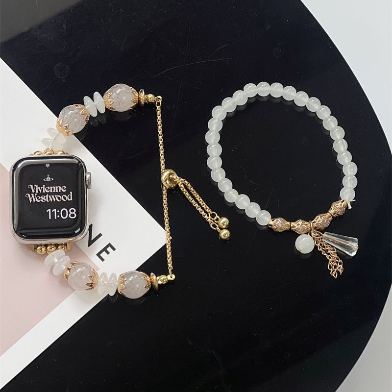 Translucent White Gold Beaded Bracelet & Beaded Apple Watch Band