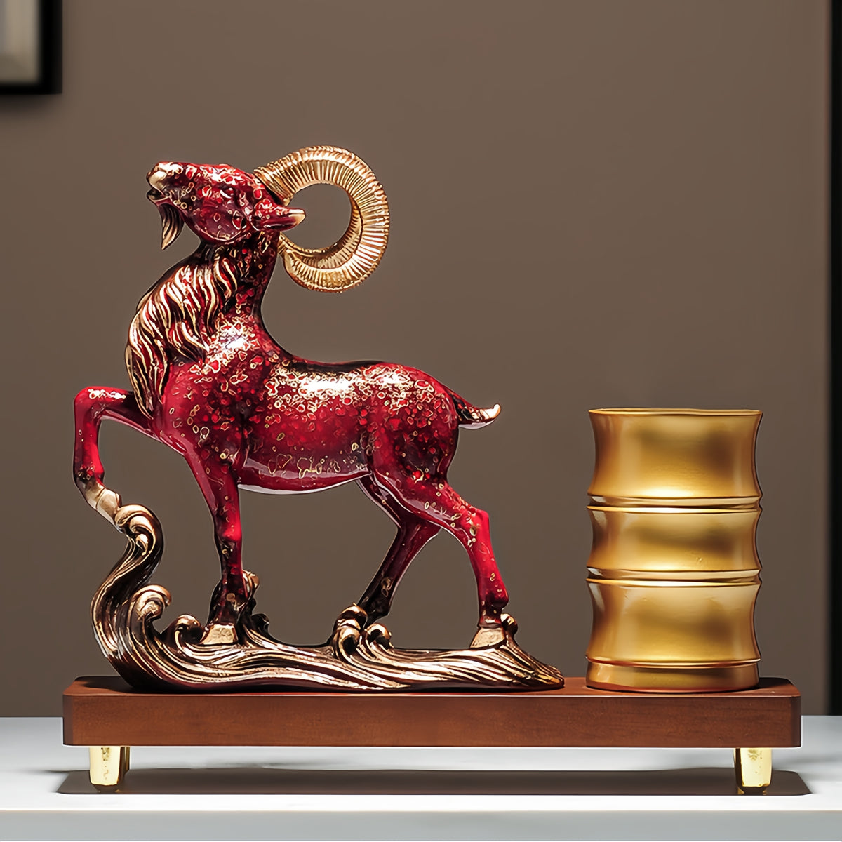 Chinese-Style Leading Sheep Resin Pen Holder & Desk Ornament for Career Success