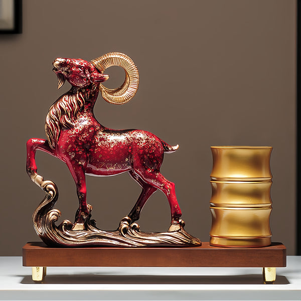 Chinese-Style Leading Sheep Resin Pen Holder & Desk Ornament for Career Success