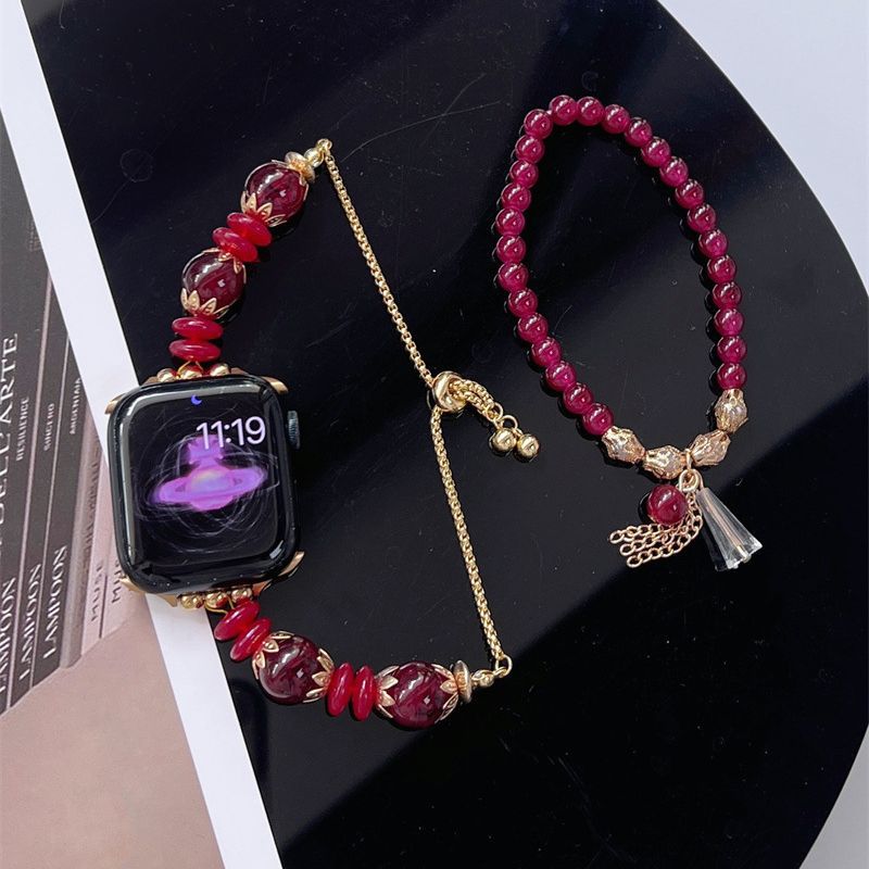 Light Crimson Gold Beaded Bracelet & Beaded Apple Watch Band