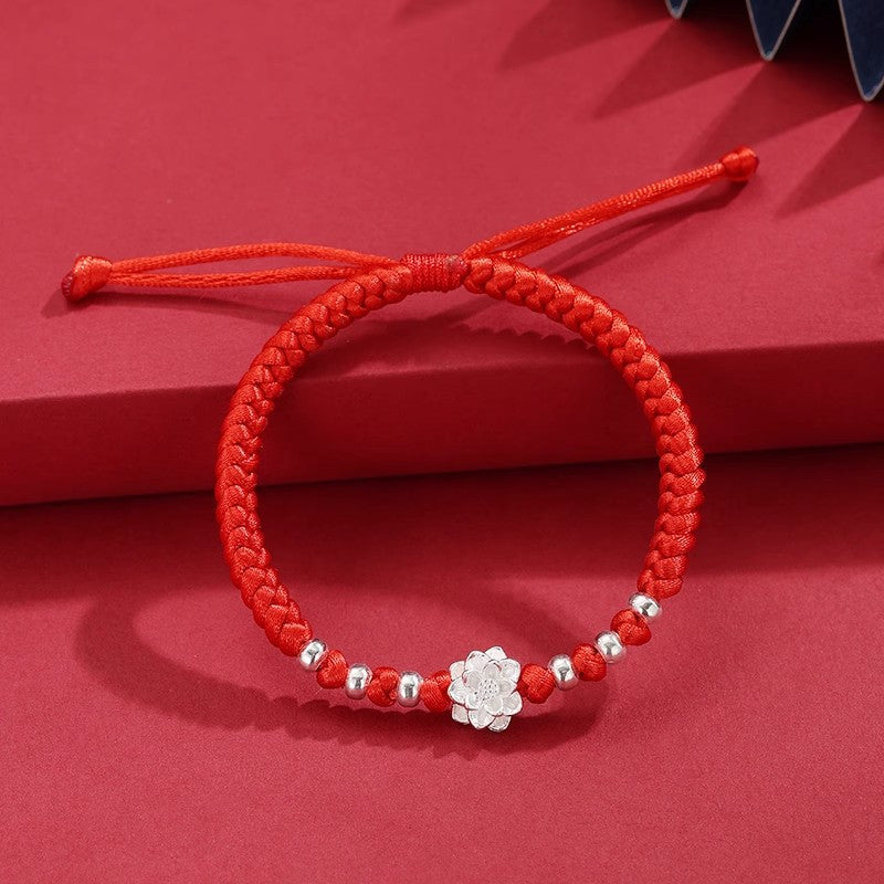 Lunar Lotus Silver Art Red String Bracelet