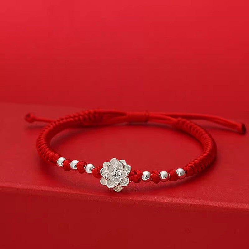 Lunar Lotus Silver Art Red String Bracelet