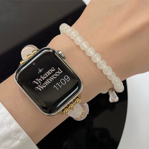 Translucent White Gold Beaded Bracelet & Beaded Apple Watch Band