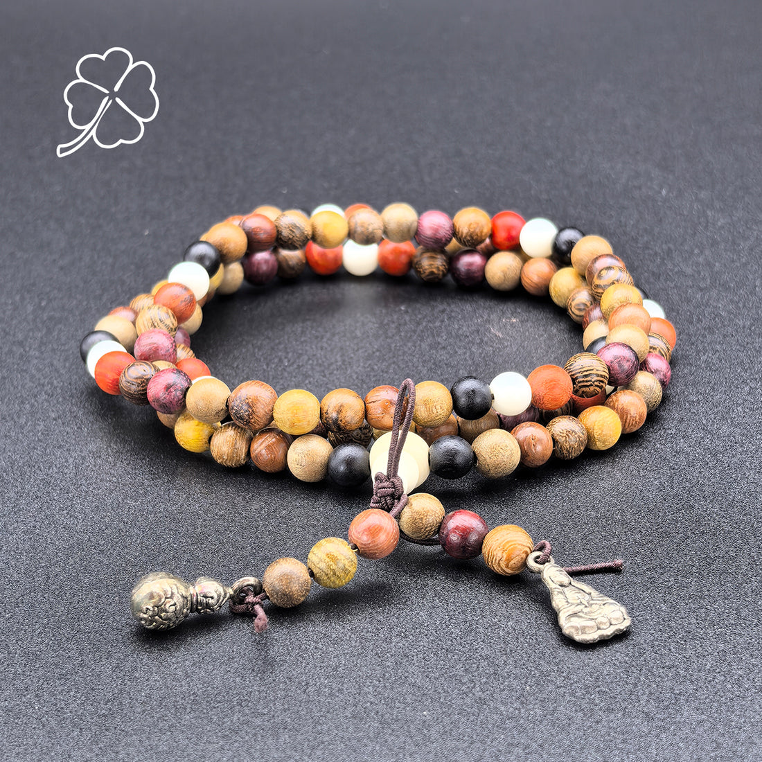 Long 108-bead multi-wood prayer mala