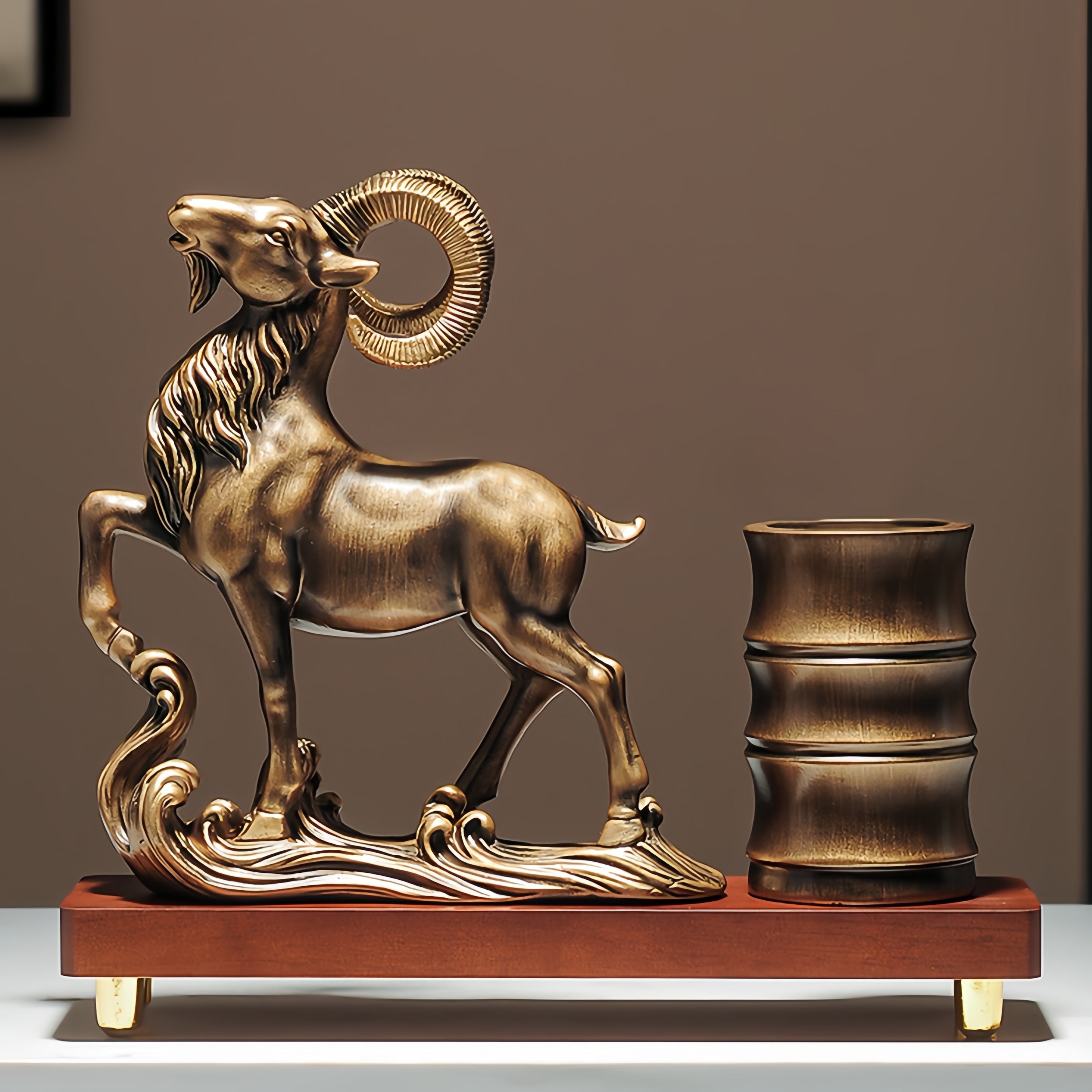 Chinese-Style Leading Sheep Resin Pen Holder & Desk Ornament for Career Success