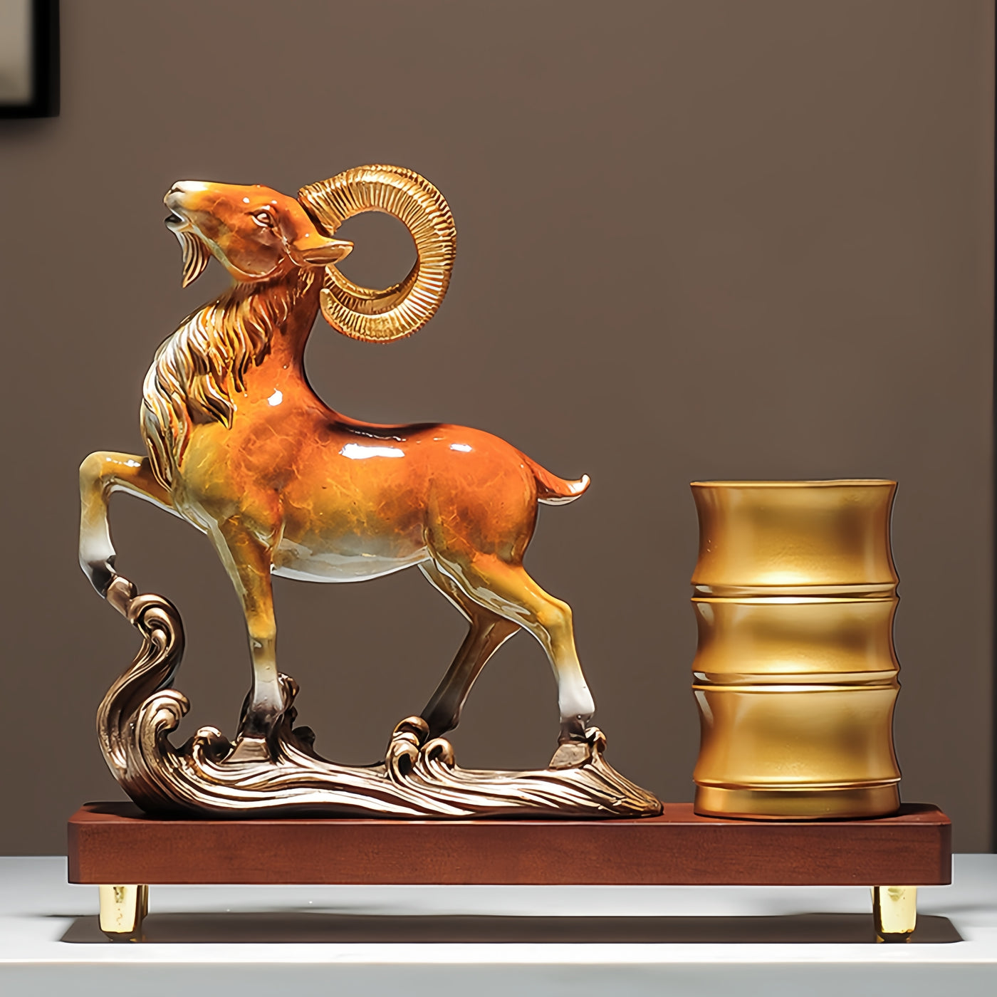 Chinese-style Leading Sheep resin pen holder and desk ornament