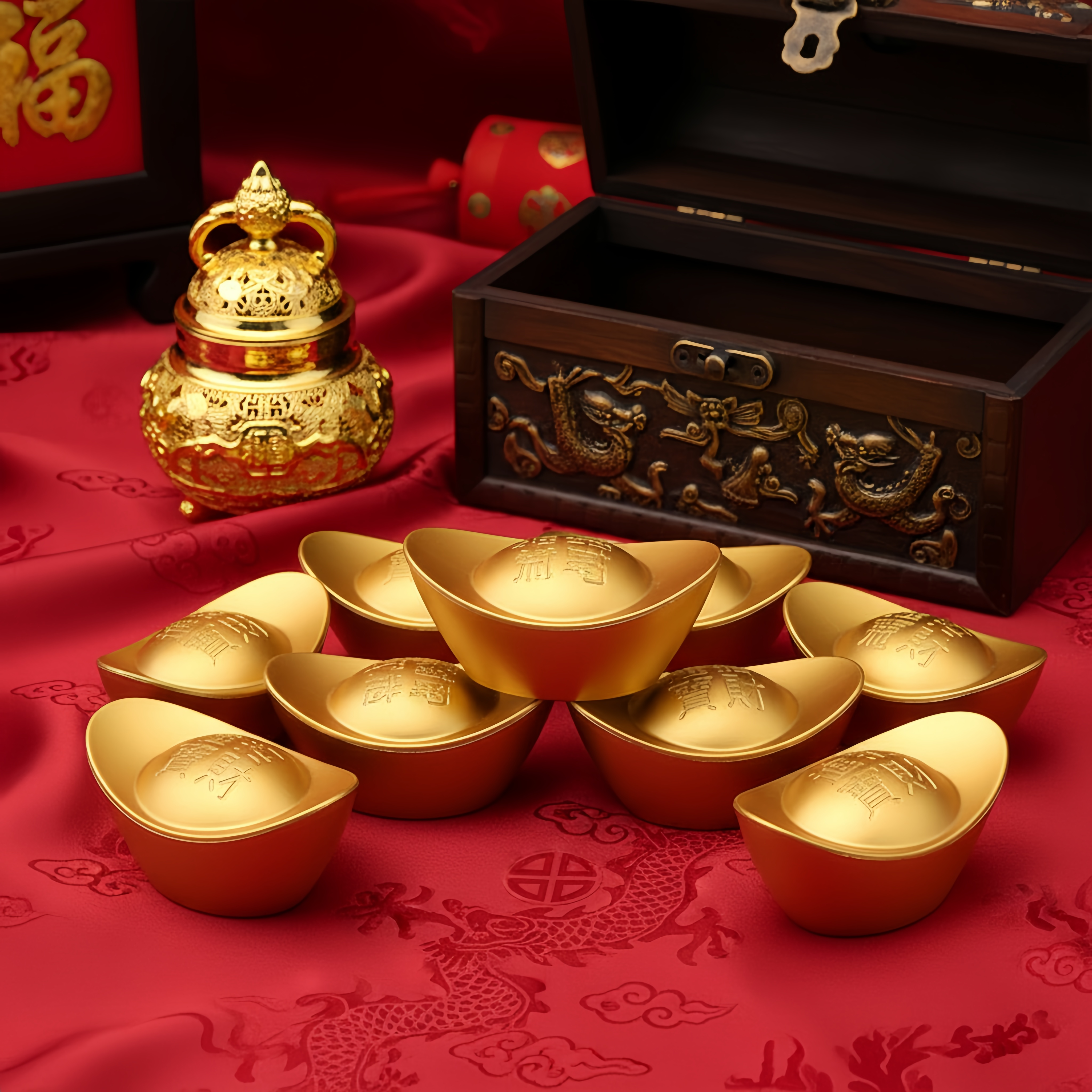 Golden Prosperity Yuanbao: "Zhao Cai Jin Bao" Brass Wealth Ingot