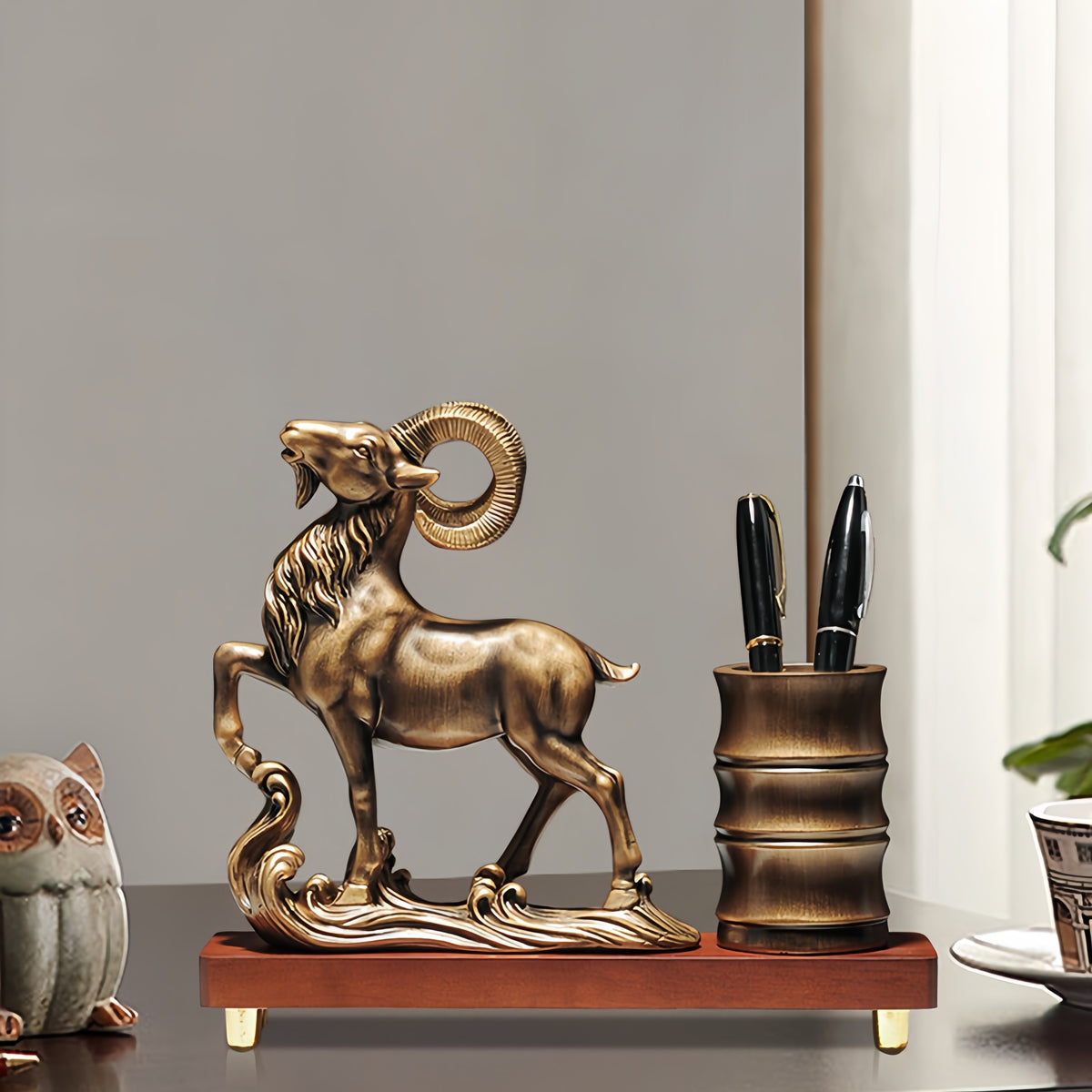 Chinese-Style Leading Sheep Resin Pen Holder & Desk Ornament for Career Success