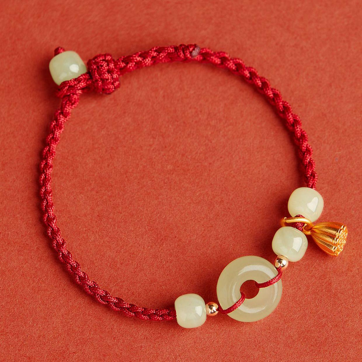 Natural Hetian Jade Fortune Red String Bracelet