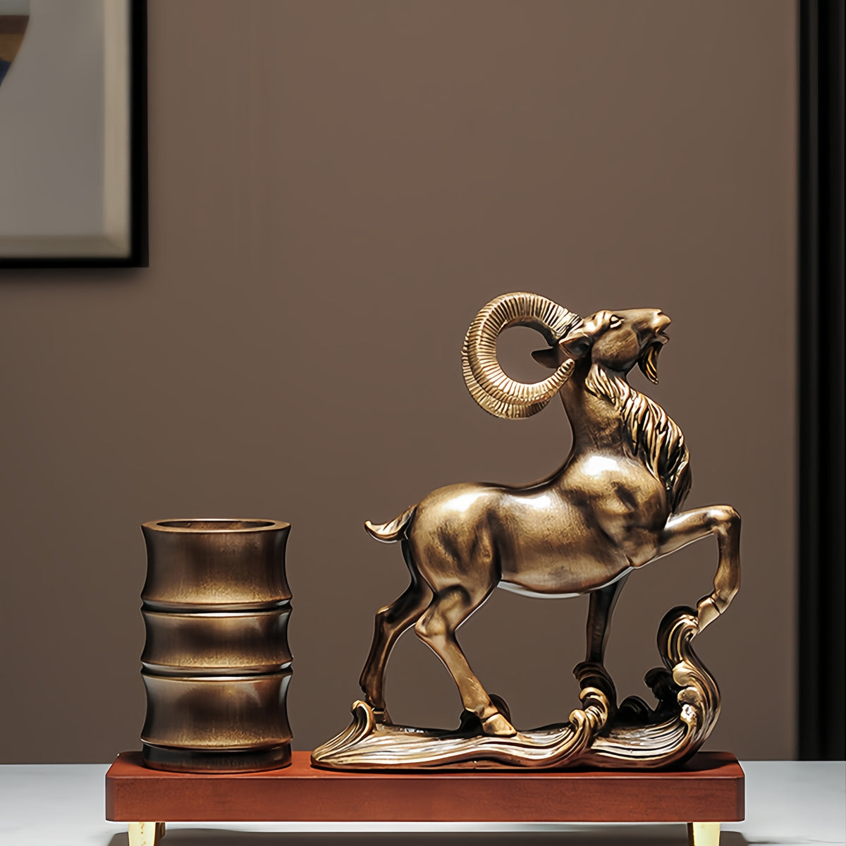 Chinese-Style Leading Sheep Resin Pen Holder & Desk Ornament for Career Success