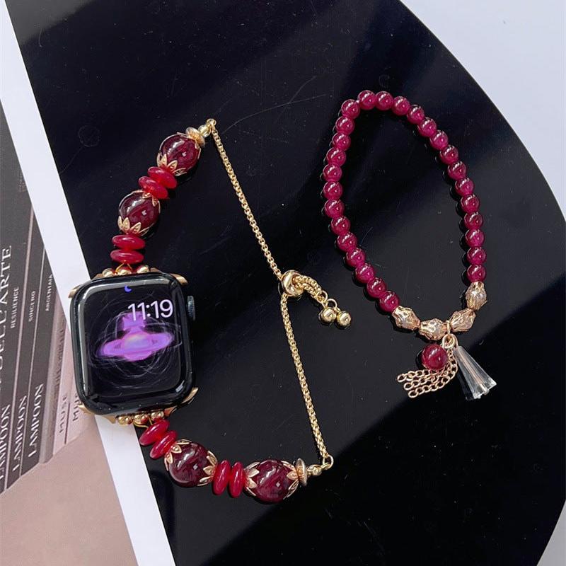 Purple Red Beaded Bracelet & Beaded Apple Watch Band