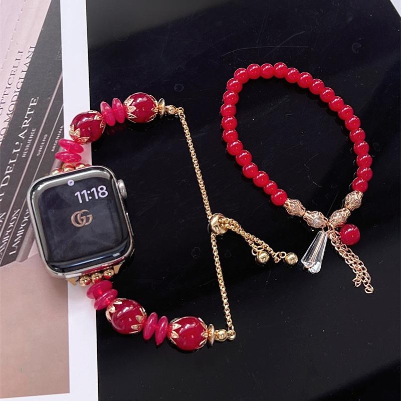 Bright Red Beaded Bracelet & Beaded Apple Watch Band