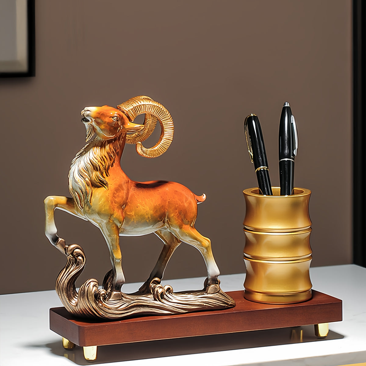 Chinese-Style Leading Sheep Resin Pen Holder & Desk Ornament for Career Success