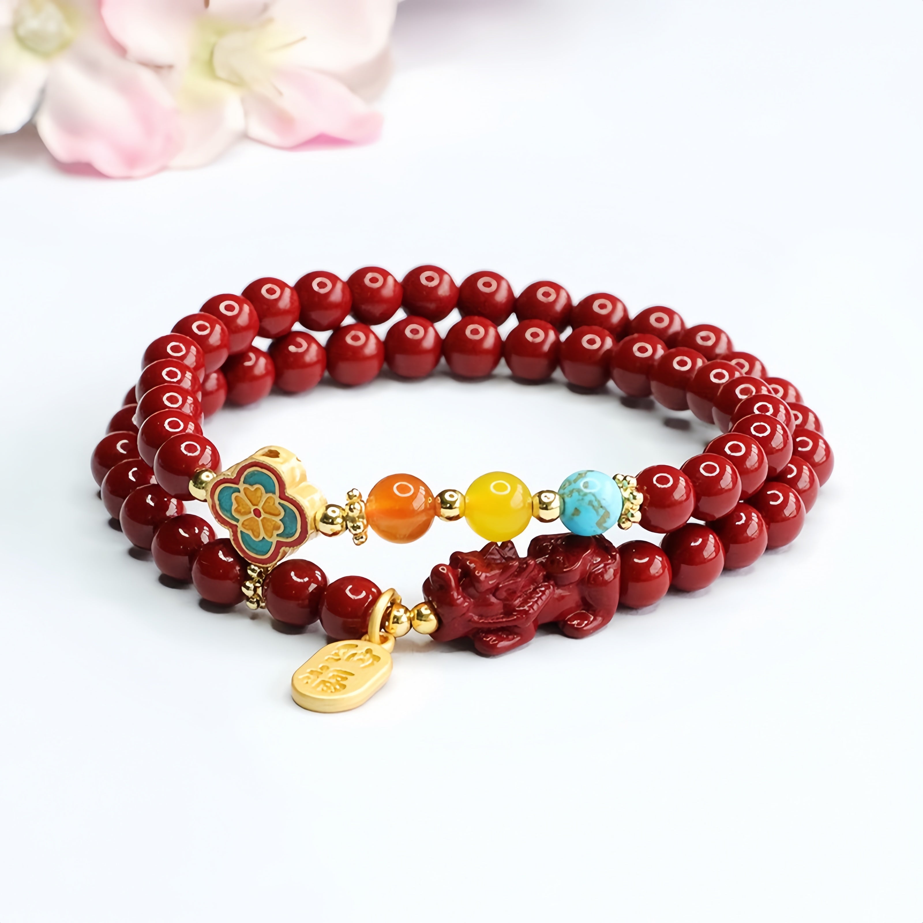 Four-Leaf Clover & Pixiu Cinnabar Bracelet