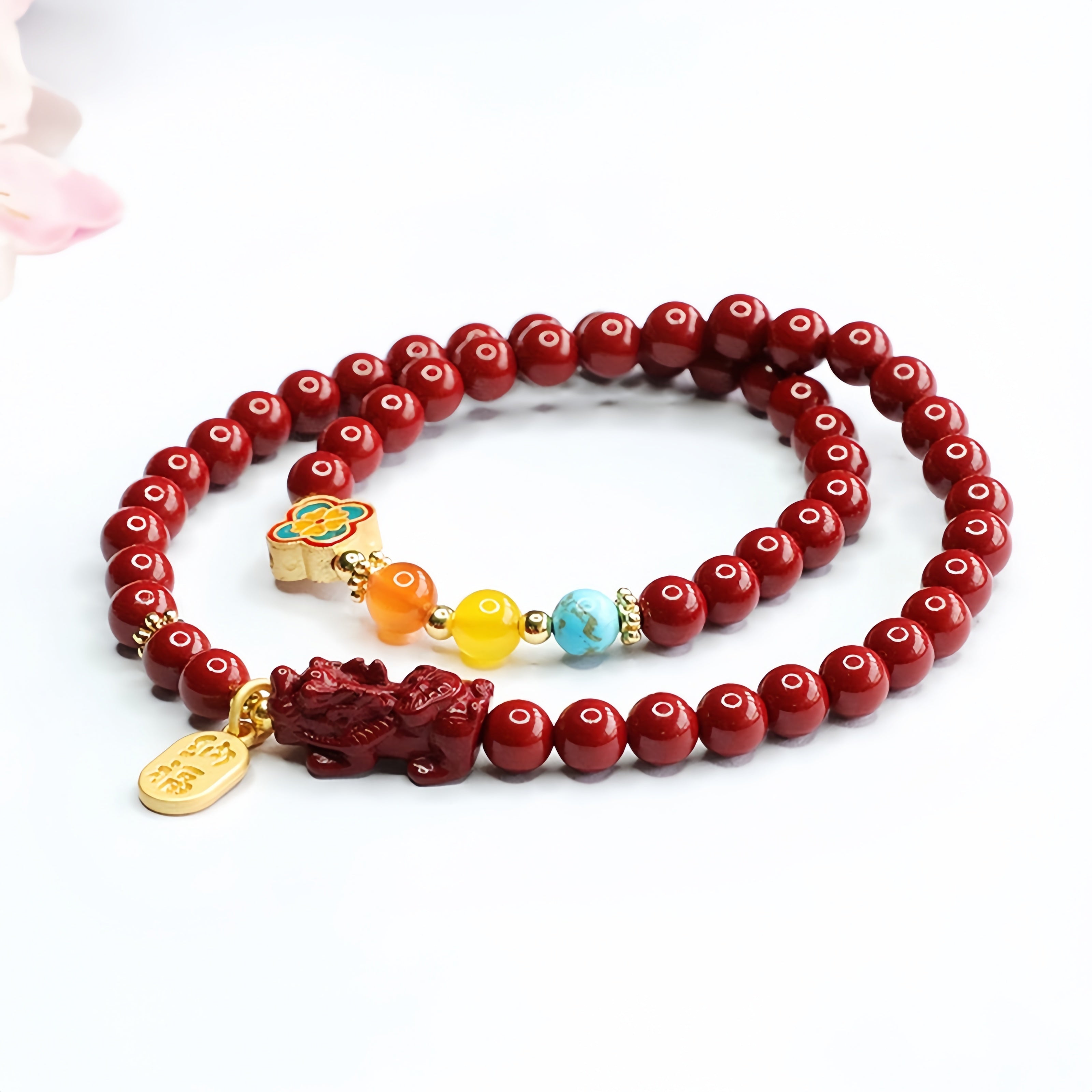 Four-Leaf Clover & Pixiu Cinnabar Bracelet