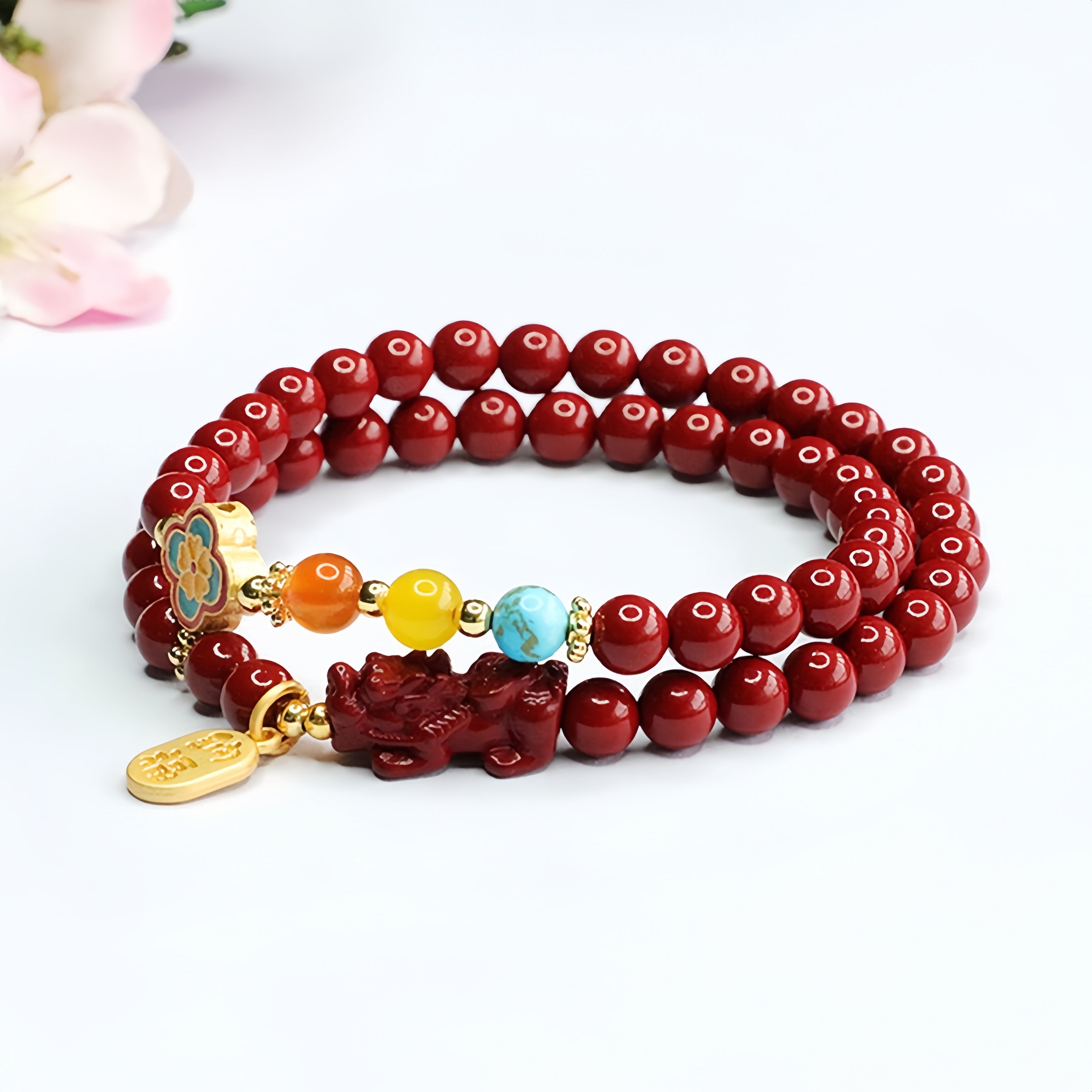 Four-Leaf Clover & Pixiu Cinnabar Bracelet