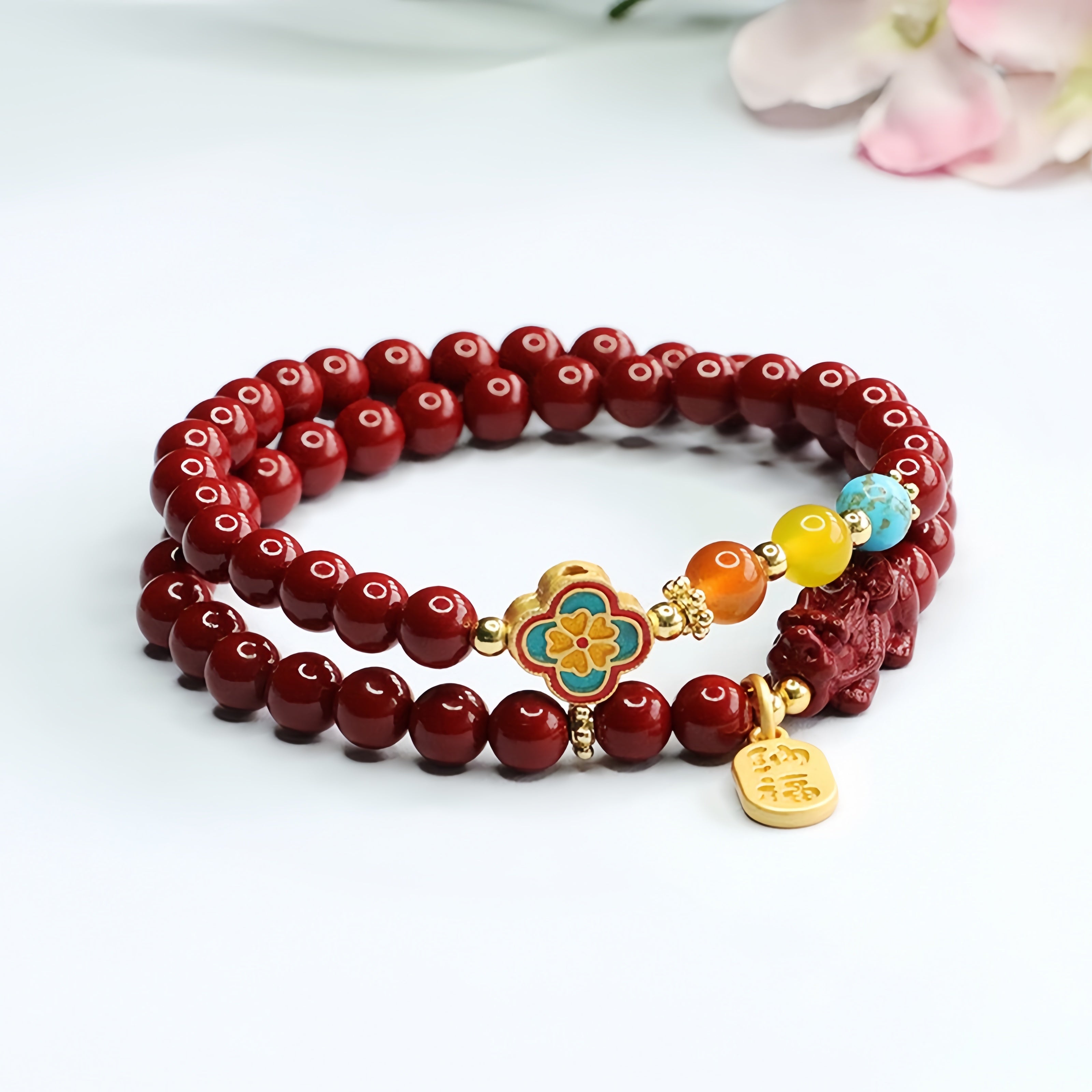Four-Leaf Clover & Pixiu Cinnabar Bracelet