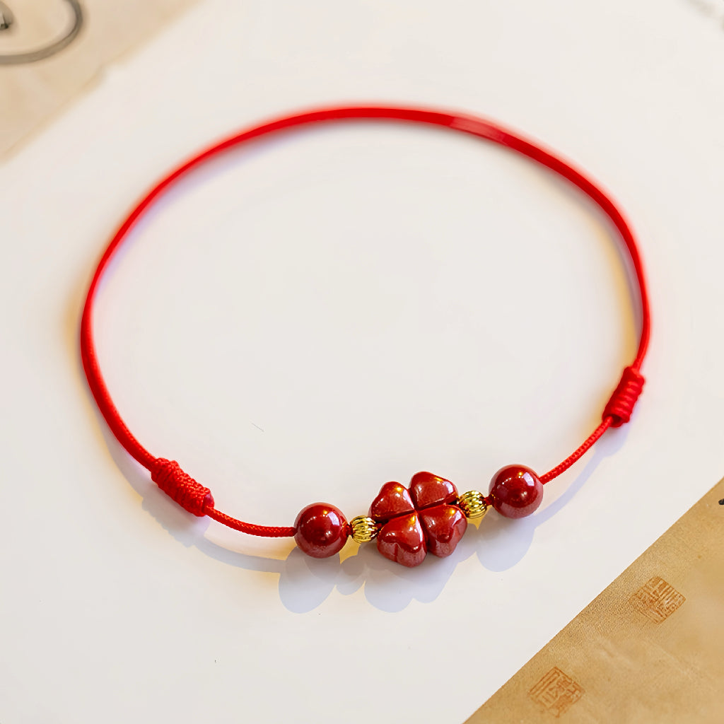 Cinnabar Four-Leaf Clover Lucky Anklet Red String Bracelet