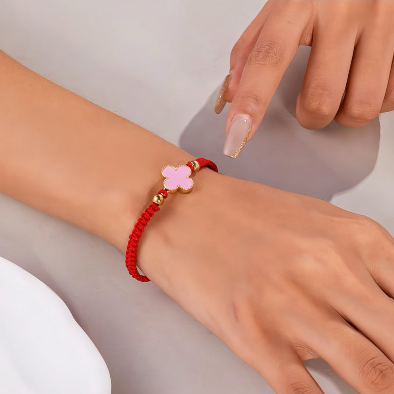 Blush Pink Clover Gold-Accented Charm Red String Bracelet - Detail 2