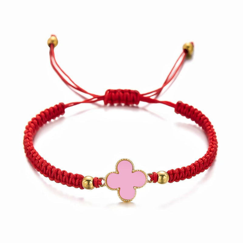 Blush Pink Clover Gold-Accented Charm Red String Bracelet