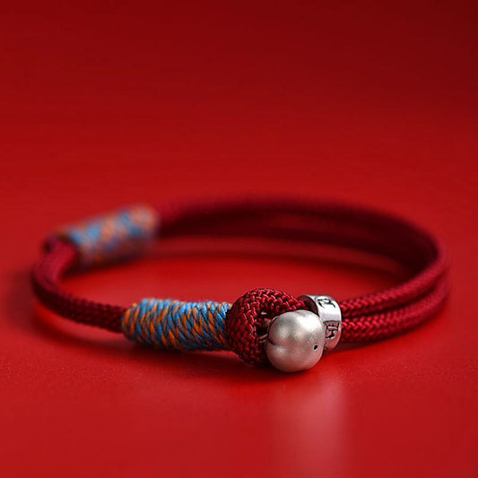 Double Silver Persimmon & Ruyi Wish Braid Red String Bracelet