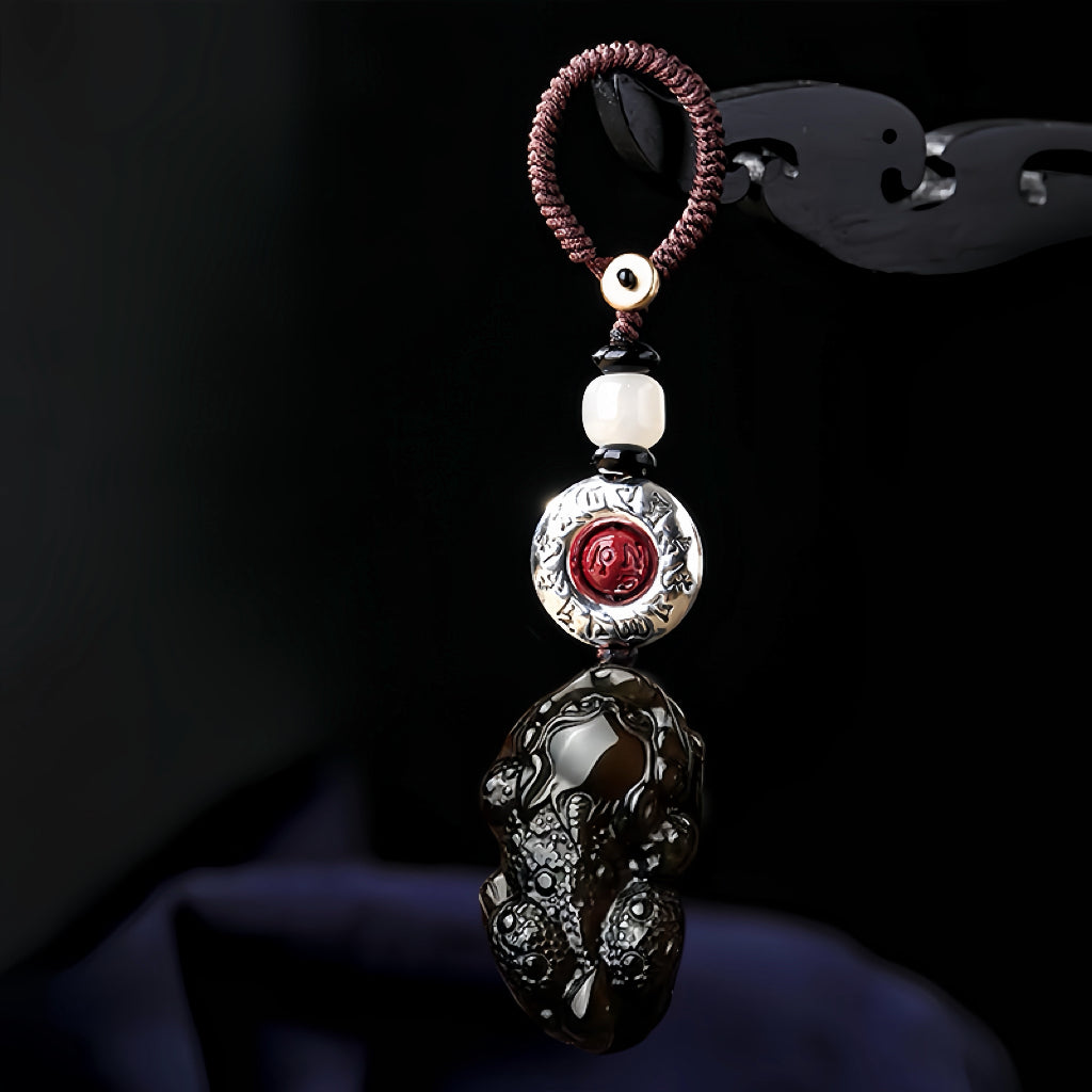 Ice Obsidian Pixiu keychain with cinnabar peace buckle and six-syllable mantra charm