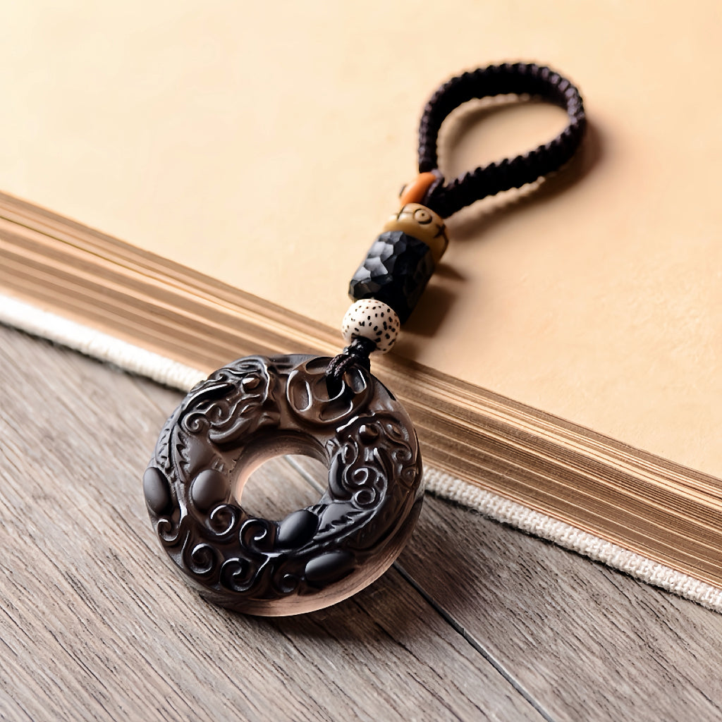 Ice Obsidian Pixiu keychain with cinnabar peace buckle and six-syllable mantra charm