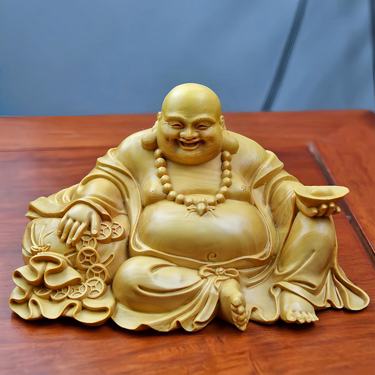 Thuja Wood Laughing Buddha & Mala Beads Gift Set