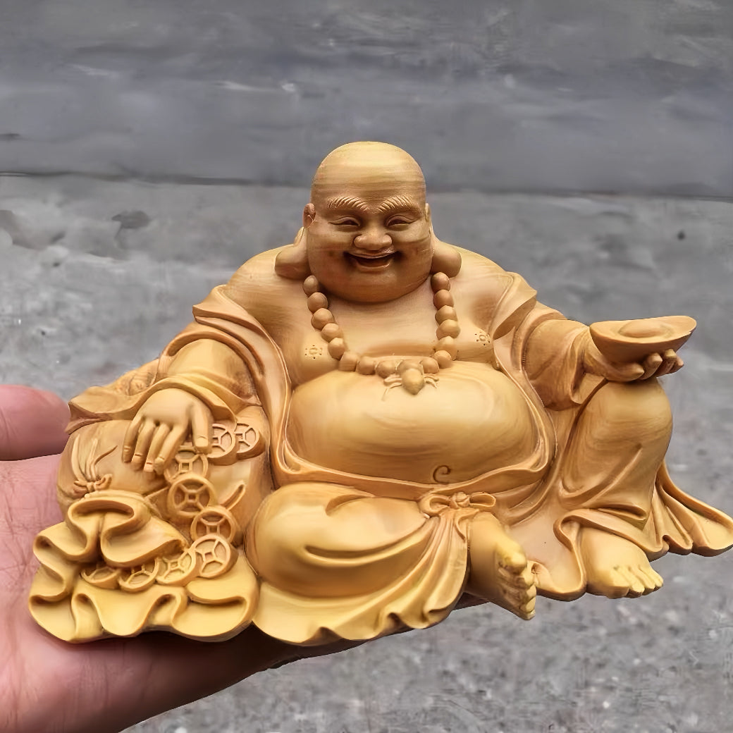 Thuja Wood Laughing Buddha & Mala Beads Gift Set