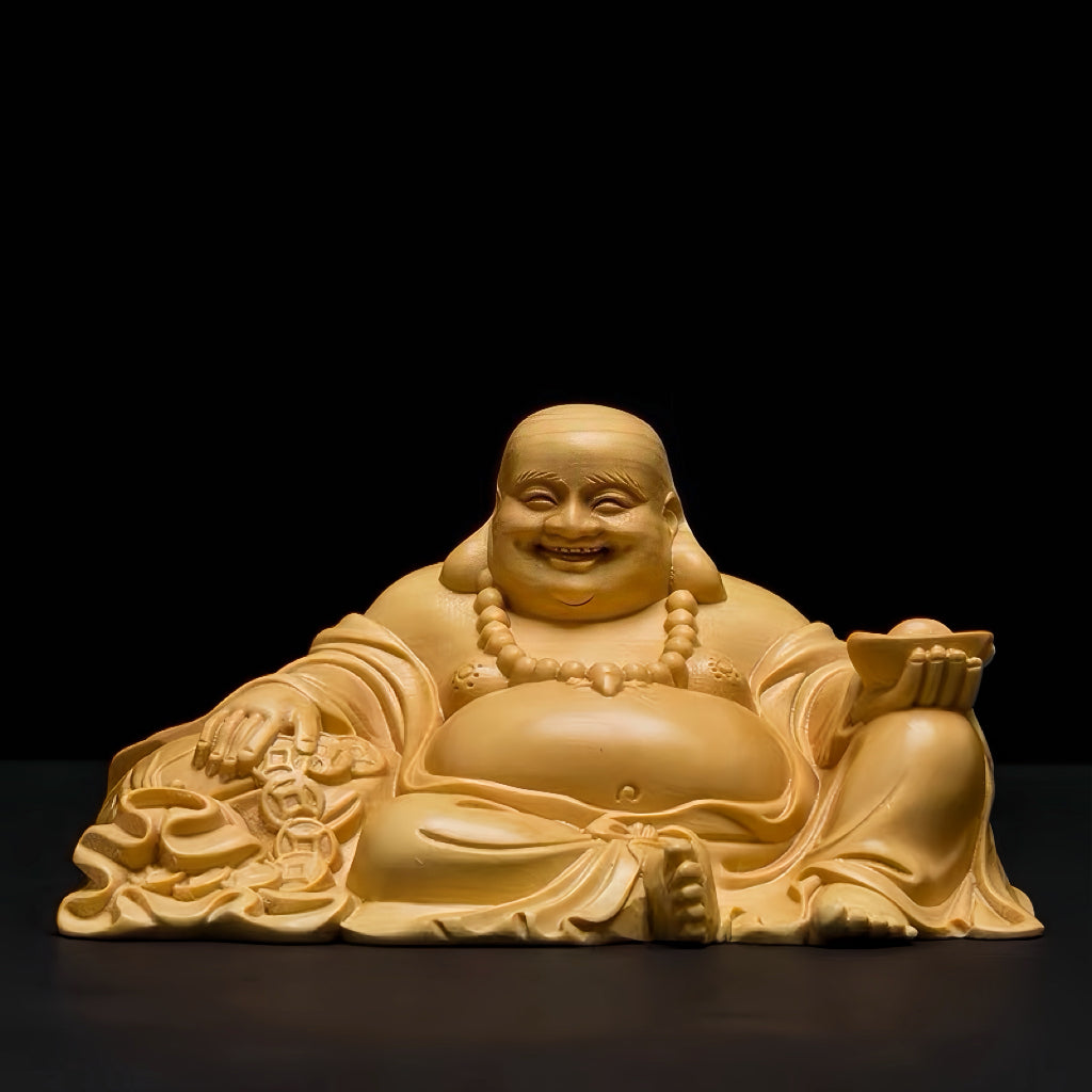 Thuja Wood Laughing Buddha & Mala Beads Gift Set