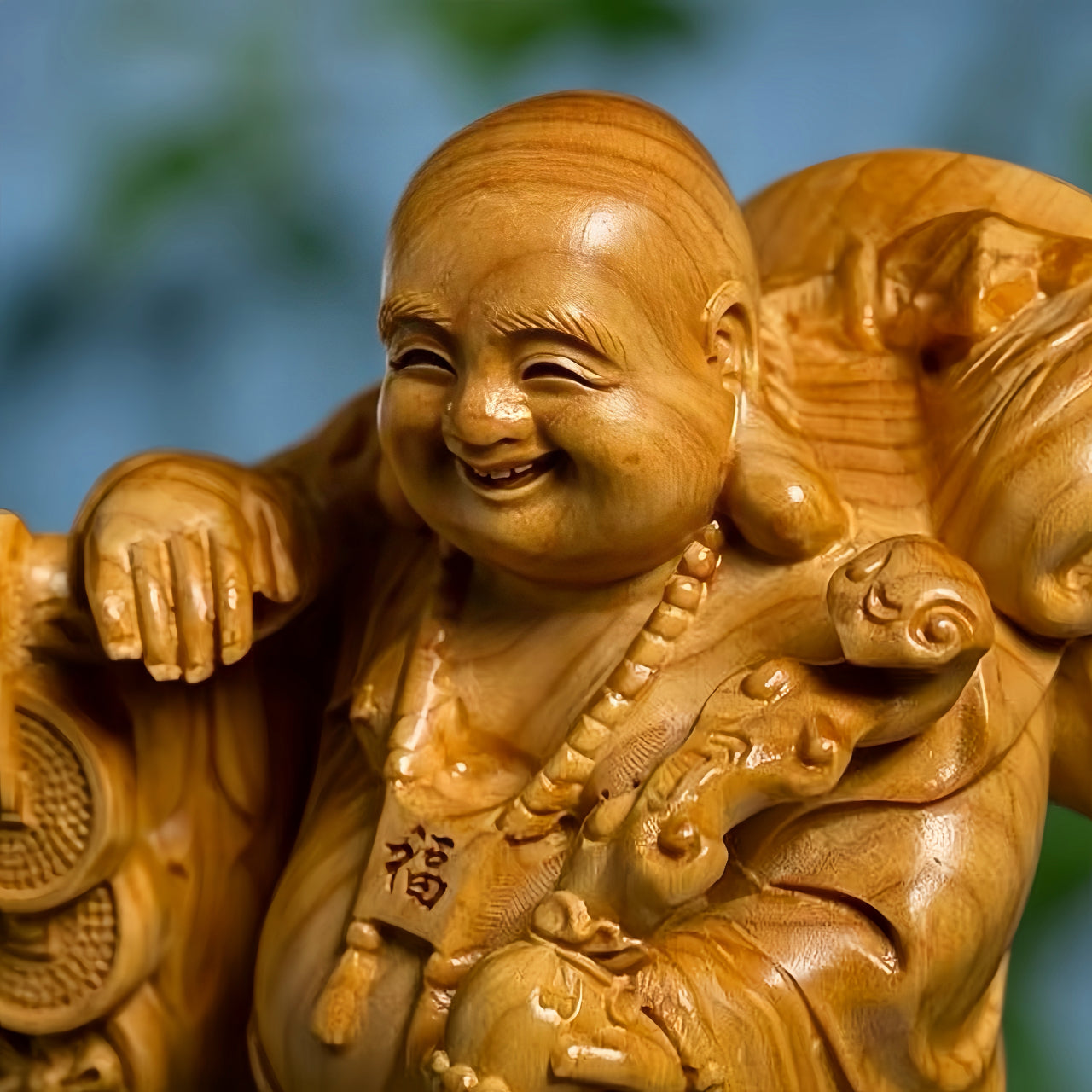 Boxwood Standing Ruyi Laughing Buddha Statue for Wealth & Good Fortune