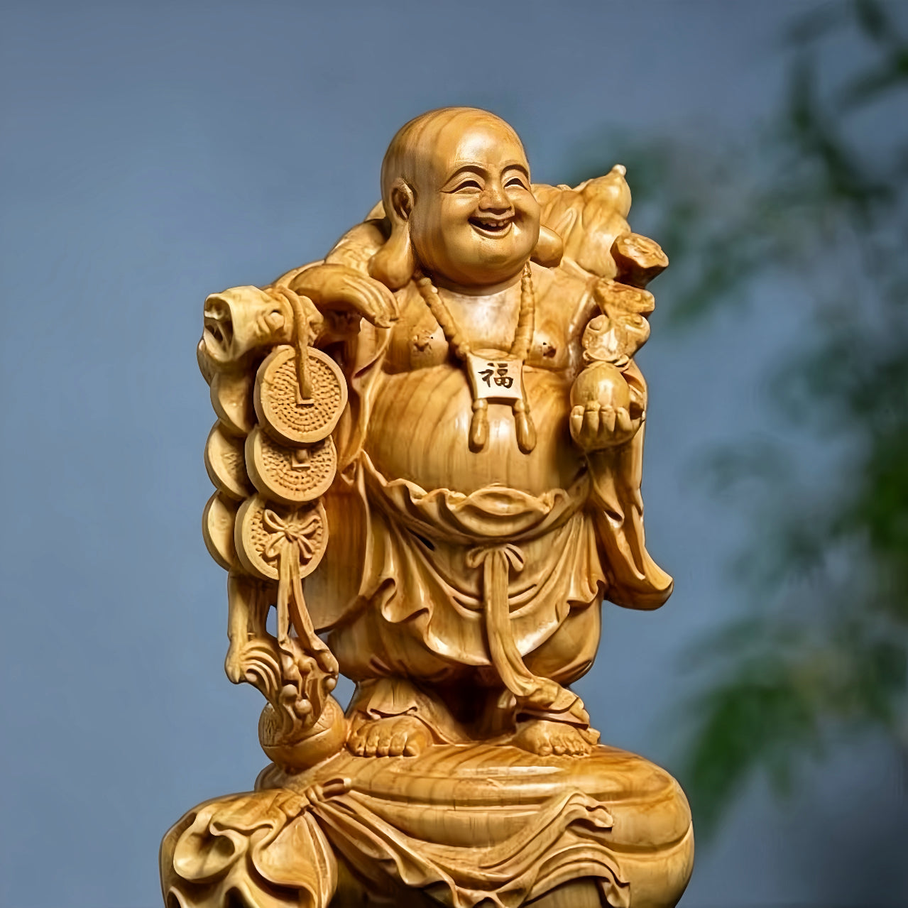 Boxwood Standing Ruyi Laughing Buddha Statue for Wealth & Good Fortune
